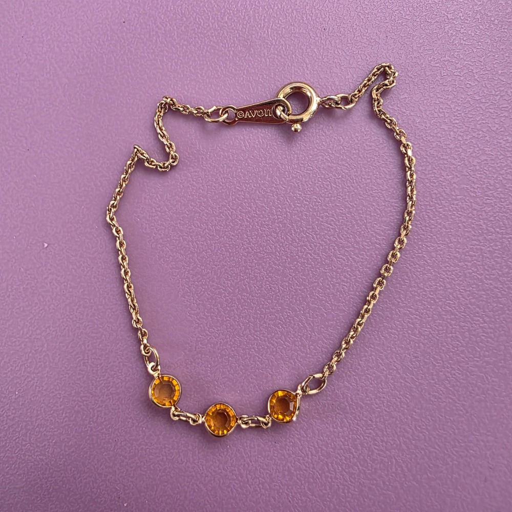 Avon Gold Tone Amber Rhinestone Bezel Set Chain Bracelet Vintage Jewelry‎